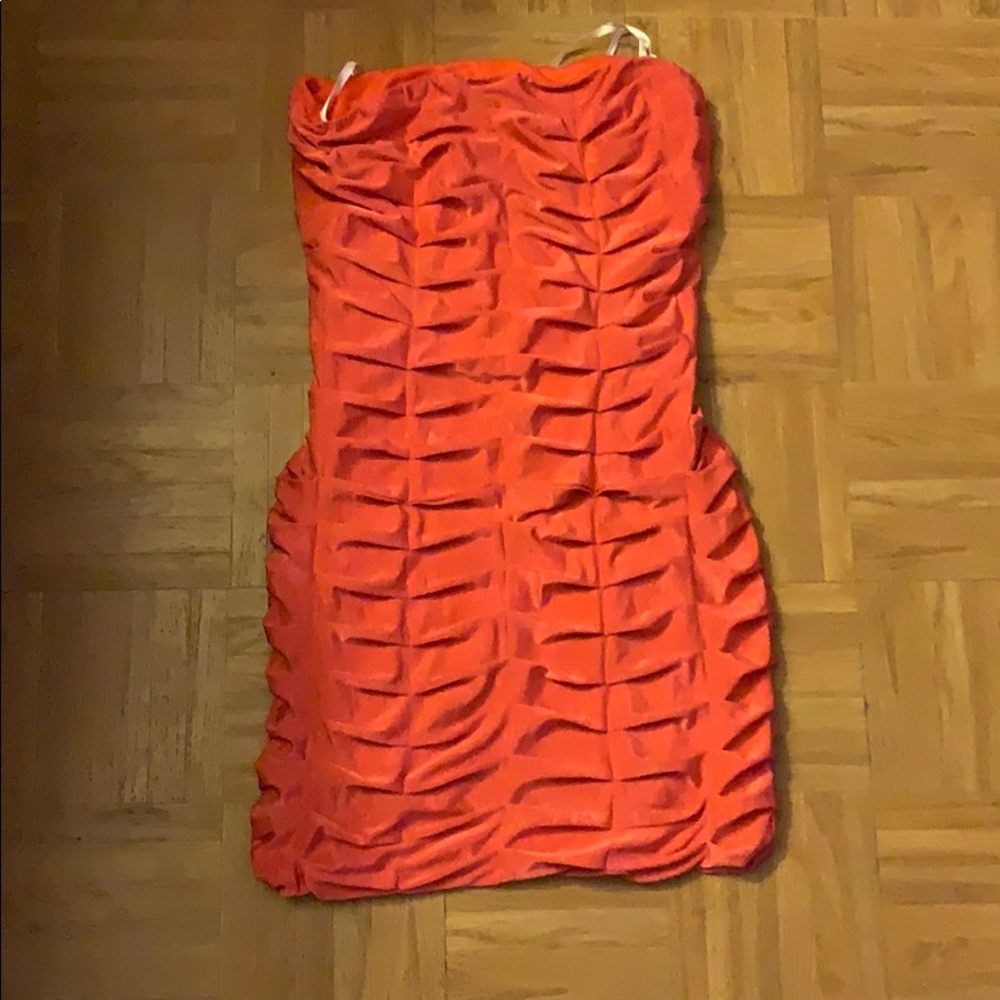 Coral strapless mini dress